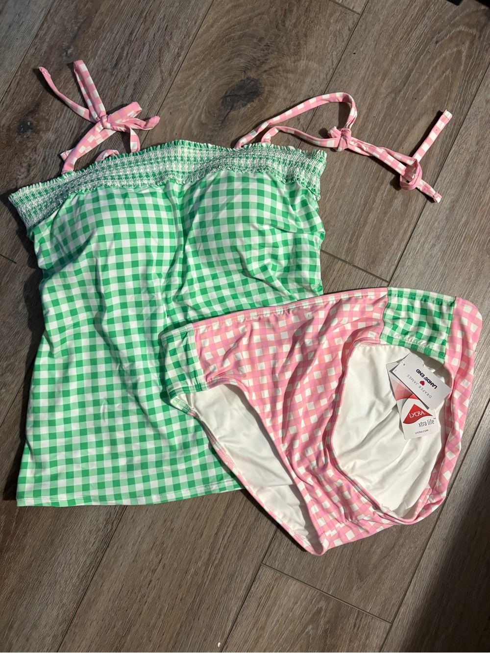 New, Never Worn Lands' End/Draper James Green & Pink Gingham Tankini Set Sz 12